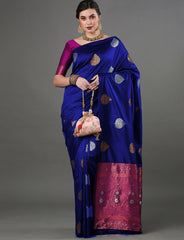 Luxurious Banarasi Soft Silk Royal Blue Saree with Copper & Silver Zari Weaving Colorful Saree