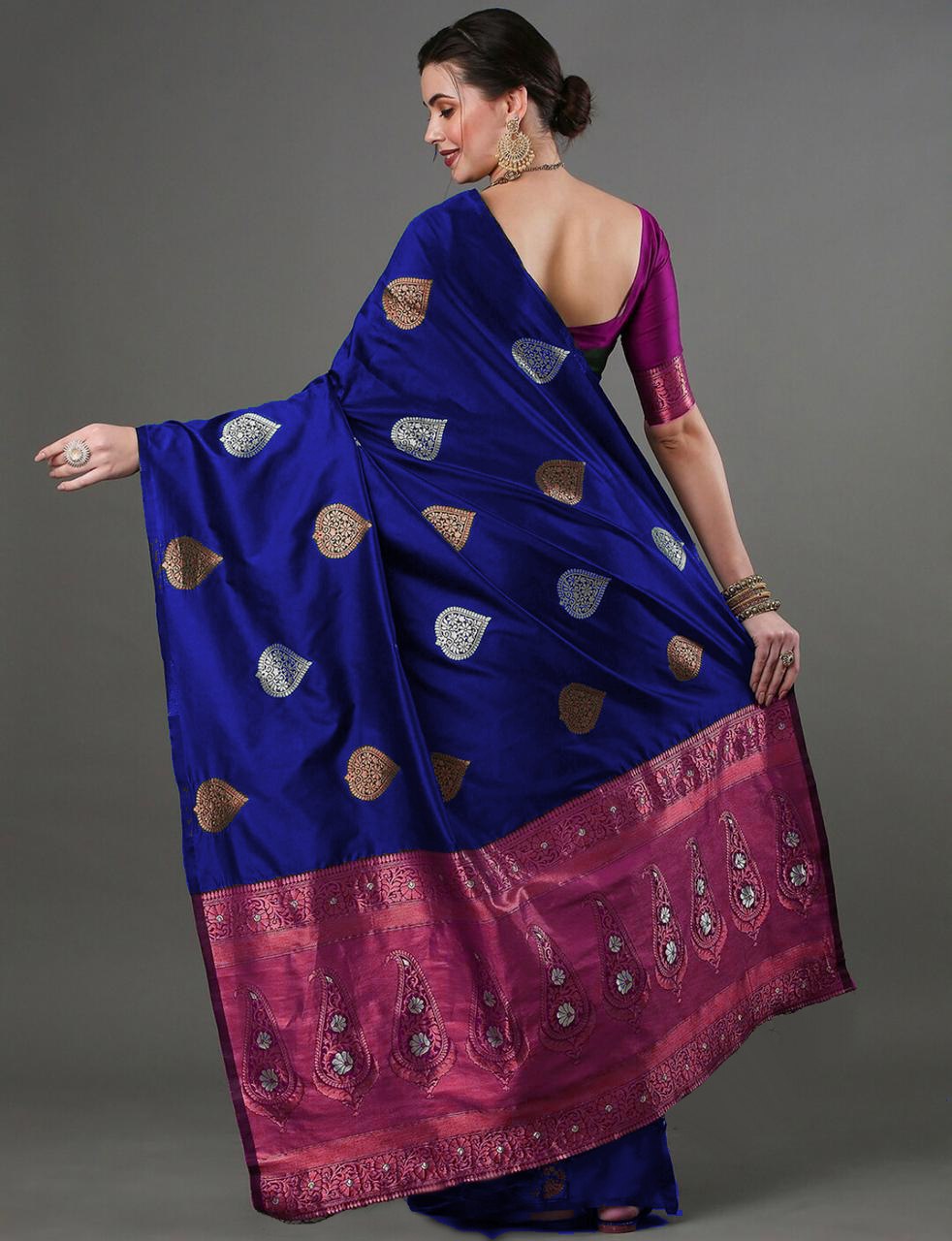 Luxurious Banarasi Soft Silk Royal Blue Saree with Copper & Silver Zari Weaving Colorful Saree