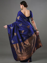 Luxurious Banarasi Soft Silk Royal Blue Saree with Copper & Silver Zari Weaving Colorful Saree