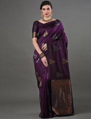 Luxurious Banarasi Soft Silk Wine Saree with Copper & Silver Zari Weaving Colorful Saree