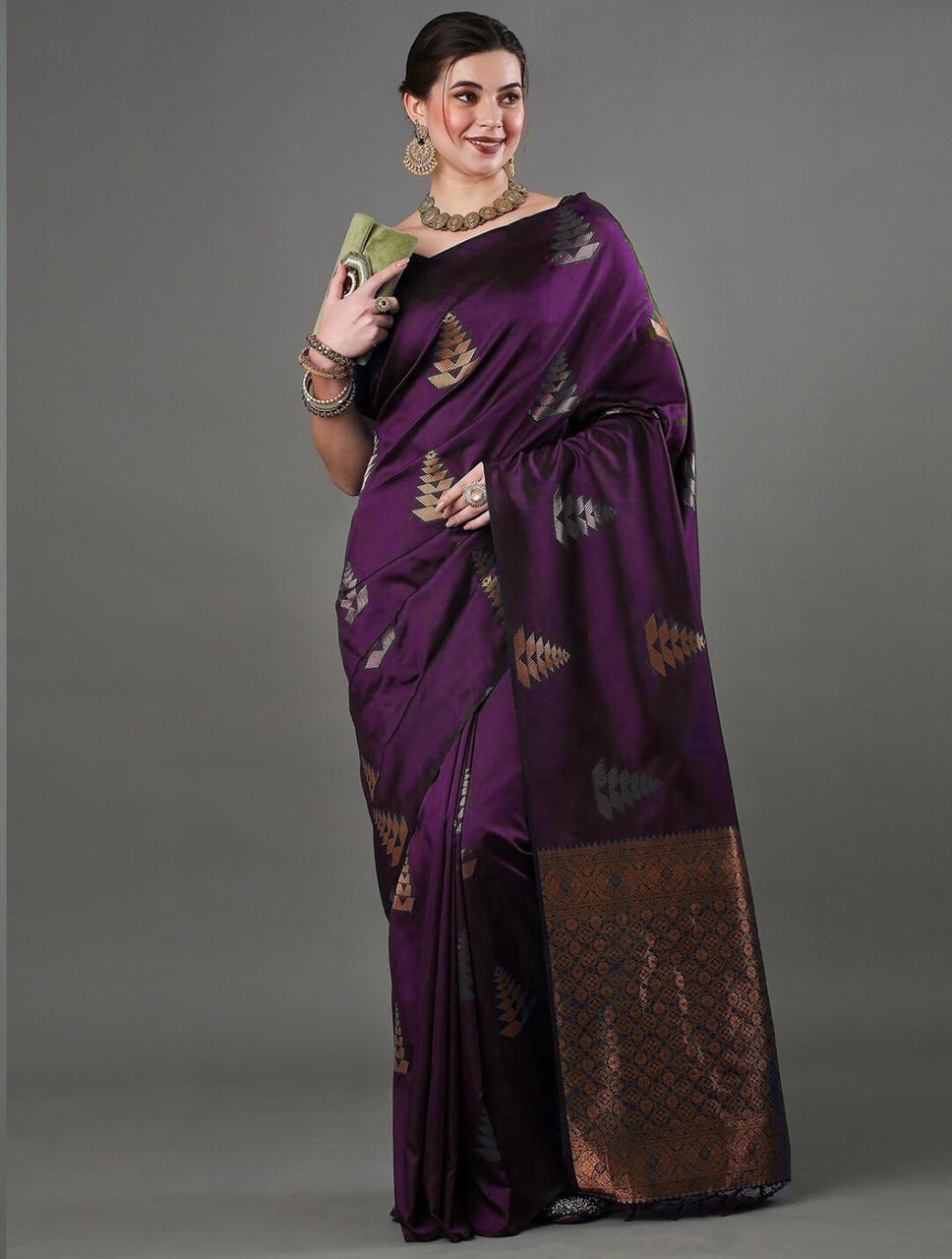 Luxurious Banarasi Soft Silk Wine Saree with Copper & Silver Zari Weaving Colorful Saree