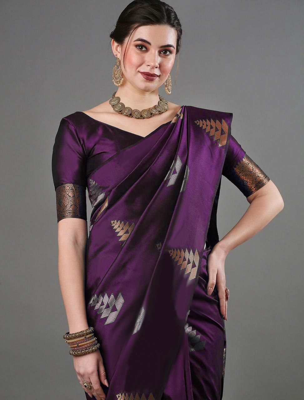 Luxurious Banarasi Soft Silk Wine Saree with Copper & Silver Zari Weaving Colorful Saree