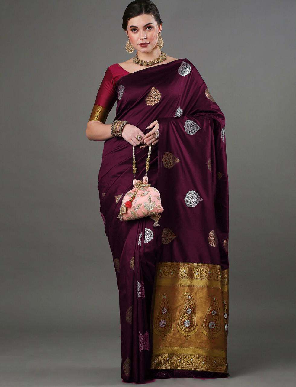 Luxurious Banarasi Soft Silk Wine Saree with Copper & Silver Zari Weaving Colorful Saree