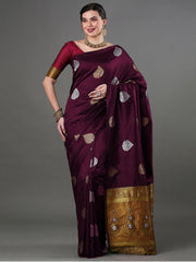 Luxurious Banarasi Soft Silk Wine Saree with Copper & Silver Zari Weaving Colorful Saree