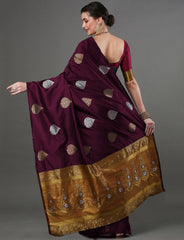 Luxurious Banarasi Soft Silk Wine Saree with Copper & Silver Zari Weaving Colorful Saree