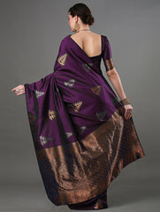 Luxurious Banarasi Soft Silk Wine Saree with Copper & Silver Zari Weaving Colorful Saree