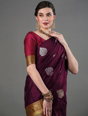 Luxurious Banarasi Soft Silk Wine Saree with Copper & Silver Zari Weaving Colorful Saree