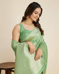 Luxurious Cotton Silk Jacquard Green Saree with Rich Zari Work & Tussles Colorful Saree