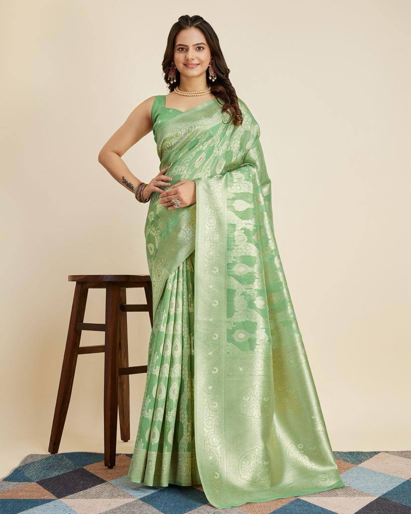 Luxurious Cotton Silk Jacquard Green Saree with Rich Zari Work & Tussles Colorful Saree