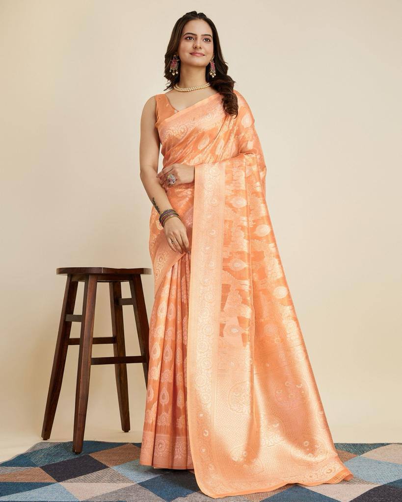 Luxurious Cotton Silk Jacquard Orange Saree with Rich Zari Work & Tussles Colorful Saree