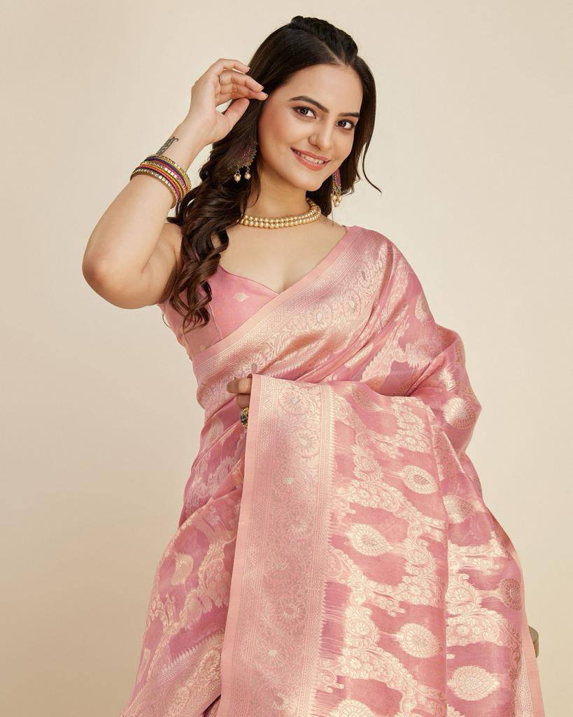 Luxurious Cotton Silk Jacquard Pink Saree with Rich Zari Work & Tussles Colorful Saree