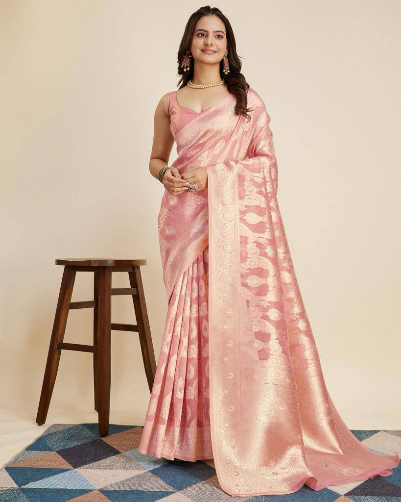 Luxurious Cotton Silk Jacquard Pink Saree with Rich Zari Work & Tussles Colorful Saree