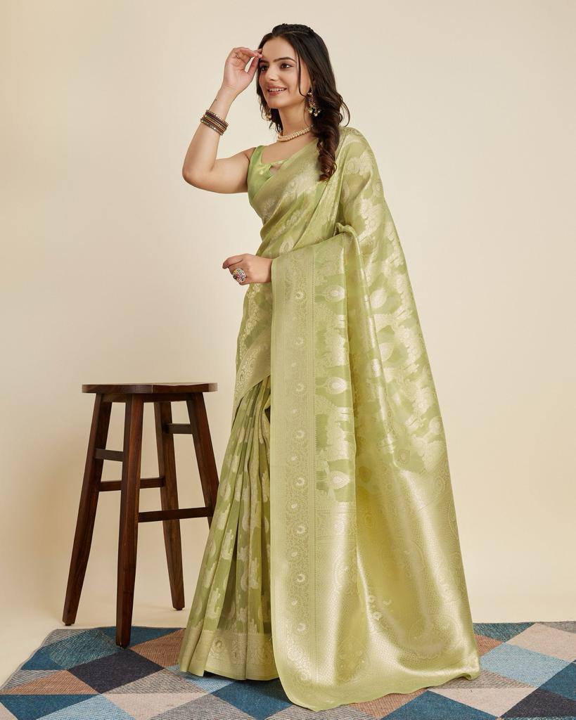 Luxurious Cotton Silk Jacquard Pista Green Saree with Rich Zari Work & Tussles Colorful Saree