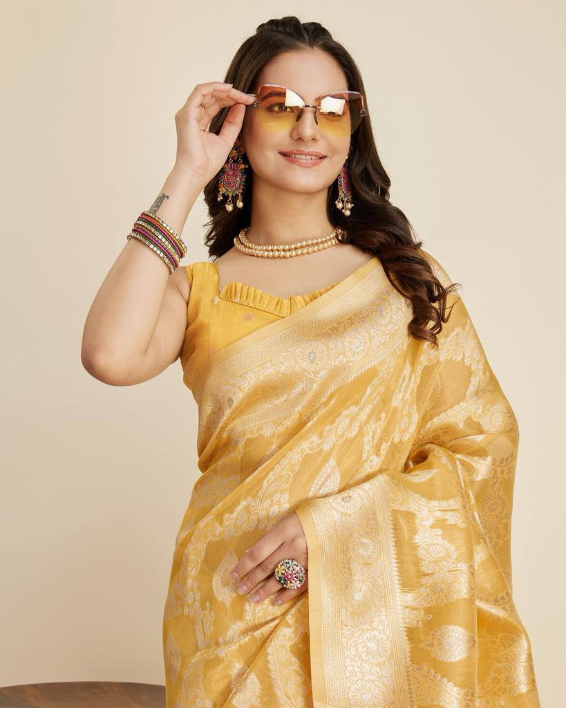 Luxurious Cotton Silk Jacquard Yellow Saree with Rich Zari Work & Tussles Colorful Saree