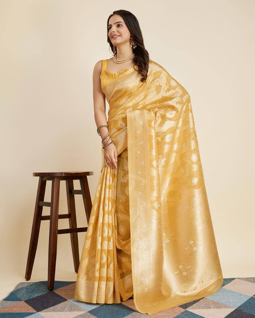 Luxurious Cotton Silk Jacquard Yellow Saree with Rich Zari Work & Tussles Colorful Saree