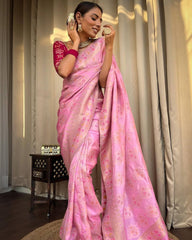 Pure Banarasi Copper Zari Weaving, Banarasi Soft Silk Onion Pink Saree Colorful Saree