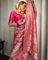 Pure Banarasi Copper Zari Weaving, Banarasi Soft Silk Orchid Pink Saree Colorful Saree