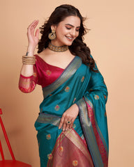 Luxurious Soft Banarasi Silk Blue Saree with Rich Contrast Pallu & Butti Work Blouse Colorful Saree