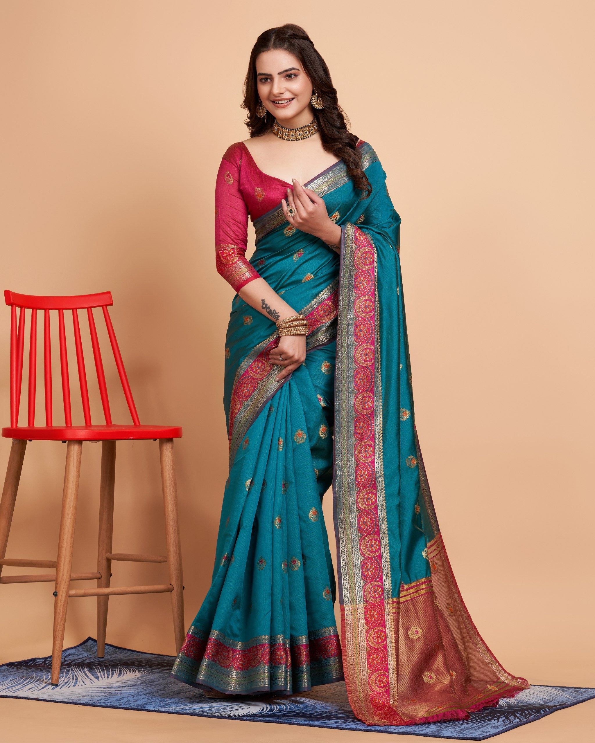 Luxurious Soft Banarasi Silk Blue Saree with Rich Contrast Pallu & Butti Work Blouse Colorful Saree