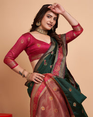 Luxurious Soft Banarasi Silk Dark Green Saree with Rich Contrast Pallu & Butti Work Blouse Colorful Saree