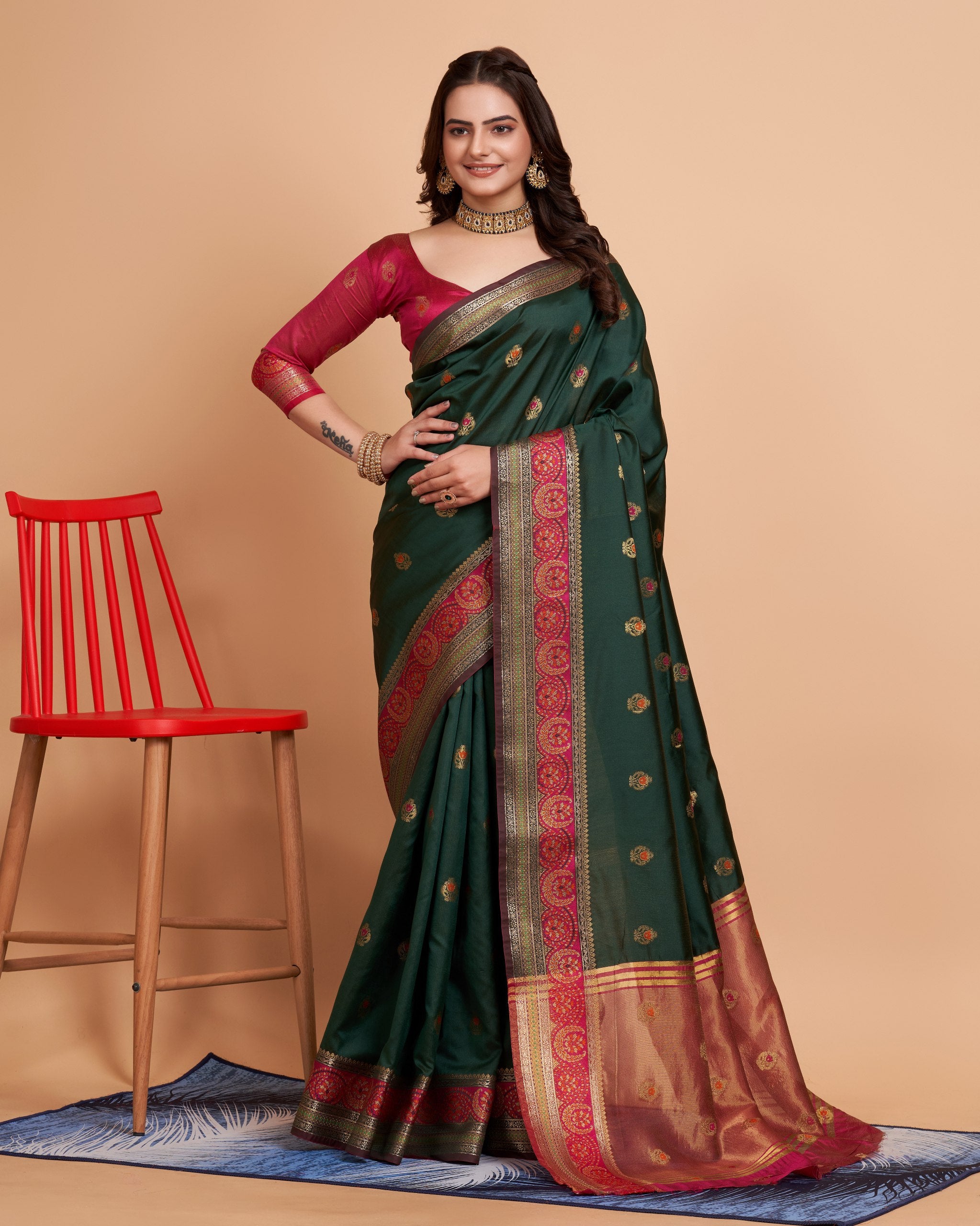 Luxurious Soft Banarasi Silk Dark Green Saree with Rich Contrast Pallu & Butti Work Blouse Colorful Saree