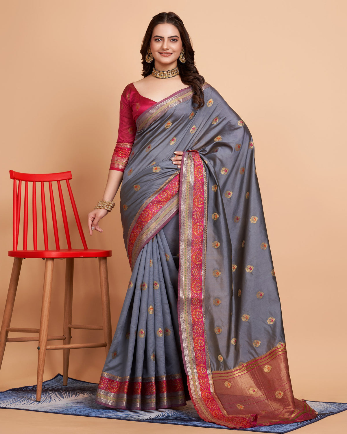 Luxurious Soft Banarasi Silk Grey Saree with Rich Contrast Pallu & Butti Work Blouse Colorful Saree