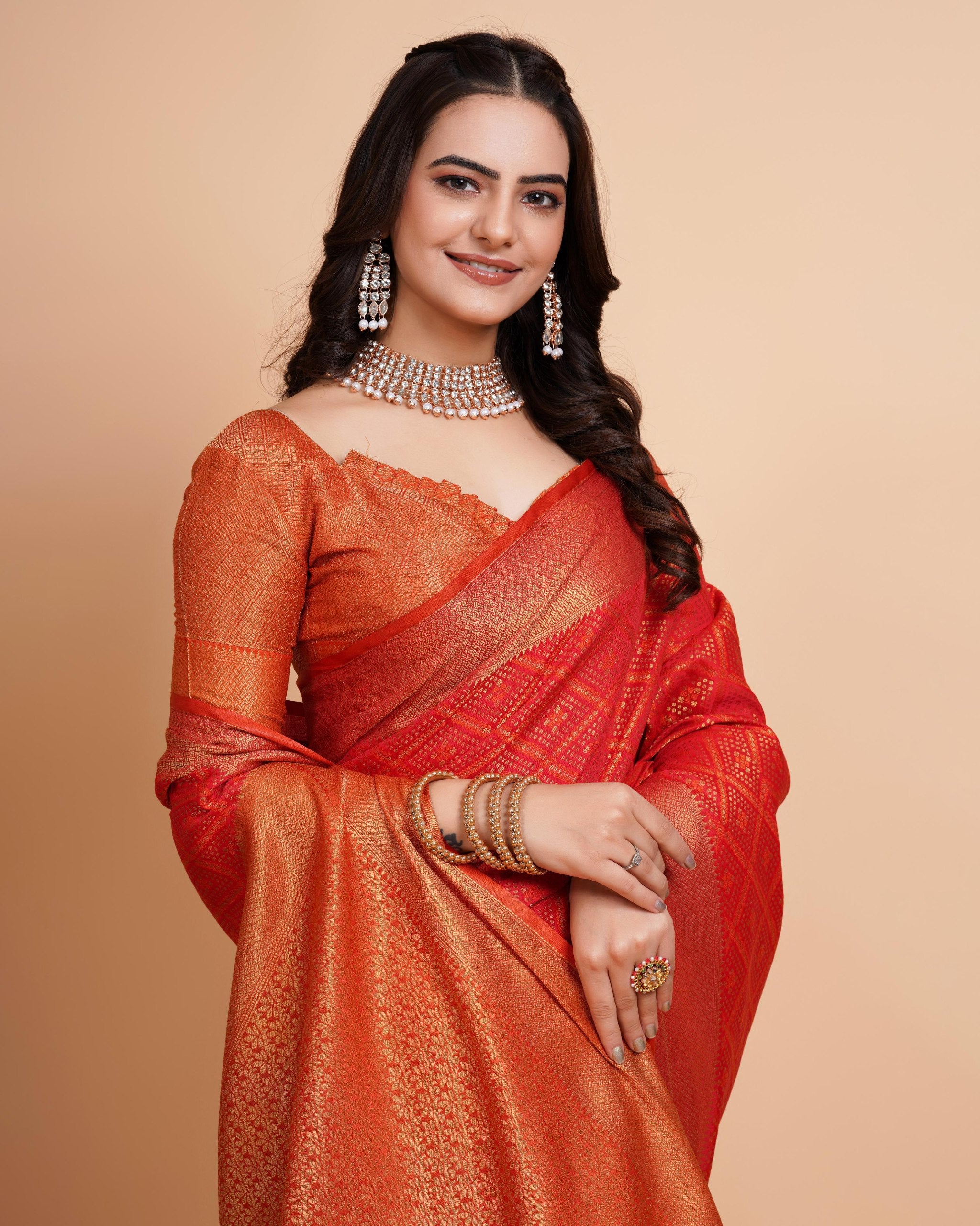 Luxurious Soft Banarasi Silk Orange Saree with Rapier Jacquard Work Colorful Saree