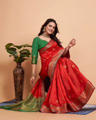 Luxurious Soft Banarasi Silk Orange Saree with Rich Contrast Pallu & Butti Work Blouse Colorful Saree