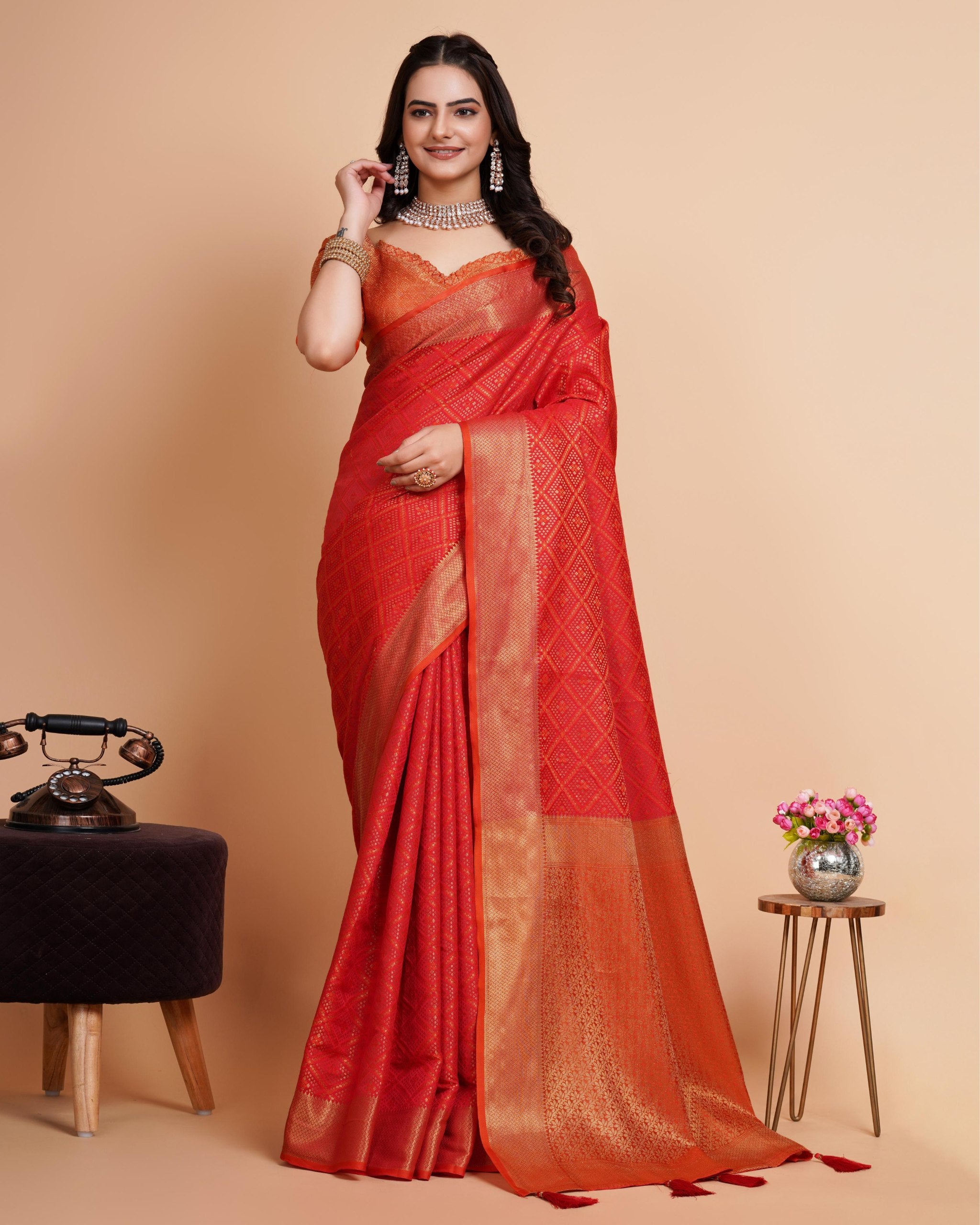 Luxurious Soft Banarasi Silk Orange Saree with Rapier Jacquard Work Colorful Saree