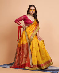 Luxurious Soft Banarasi Silk Yellow Saree with Rich Contrast Pallu & Butti Work Blouse Colorful Saree