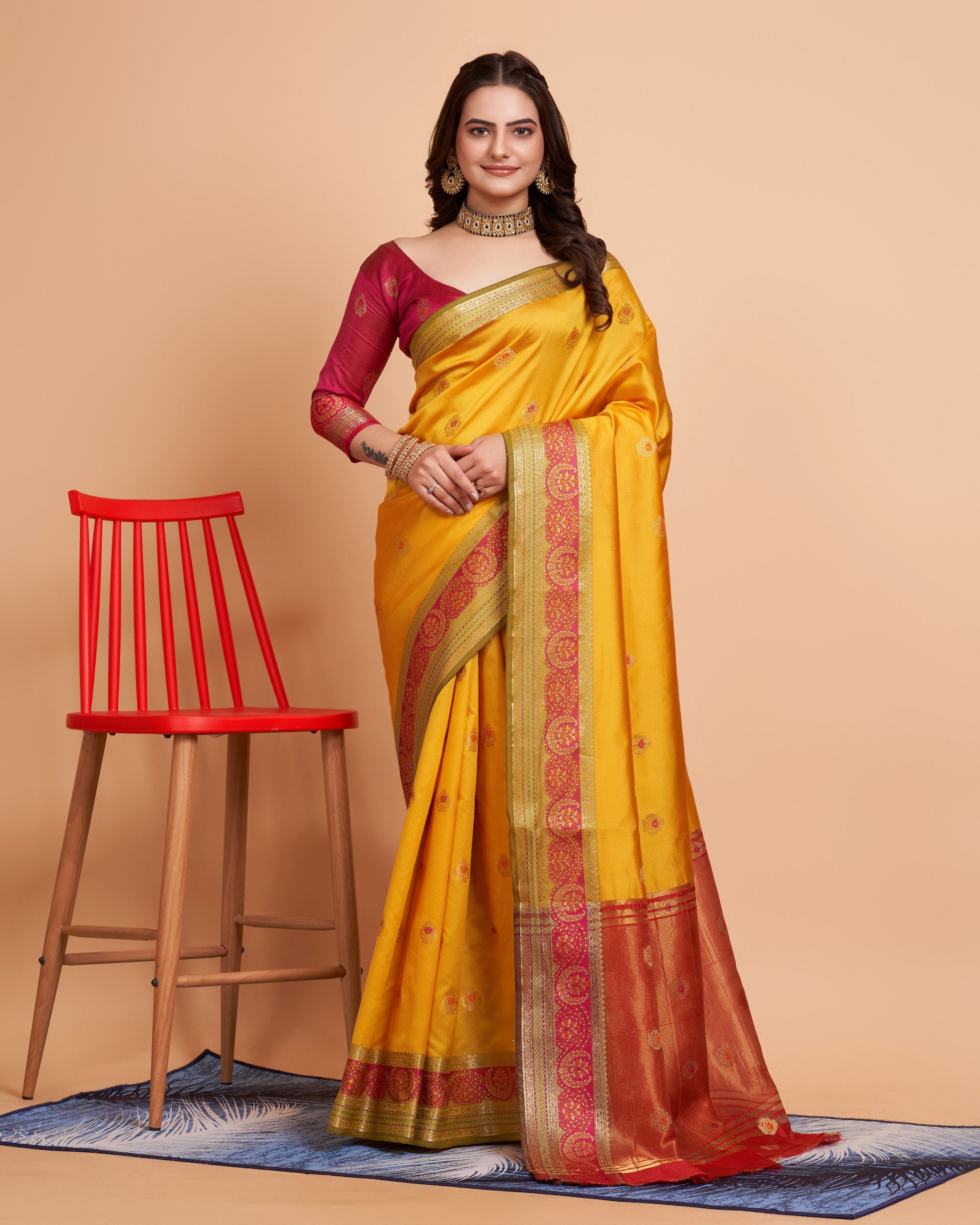 Luxurious Soft Banarasi Silk Yellow Saree with Rich Contrast Pallu & Butti Work Blouse Colorful Saree