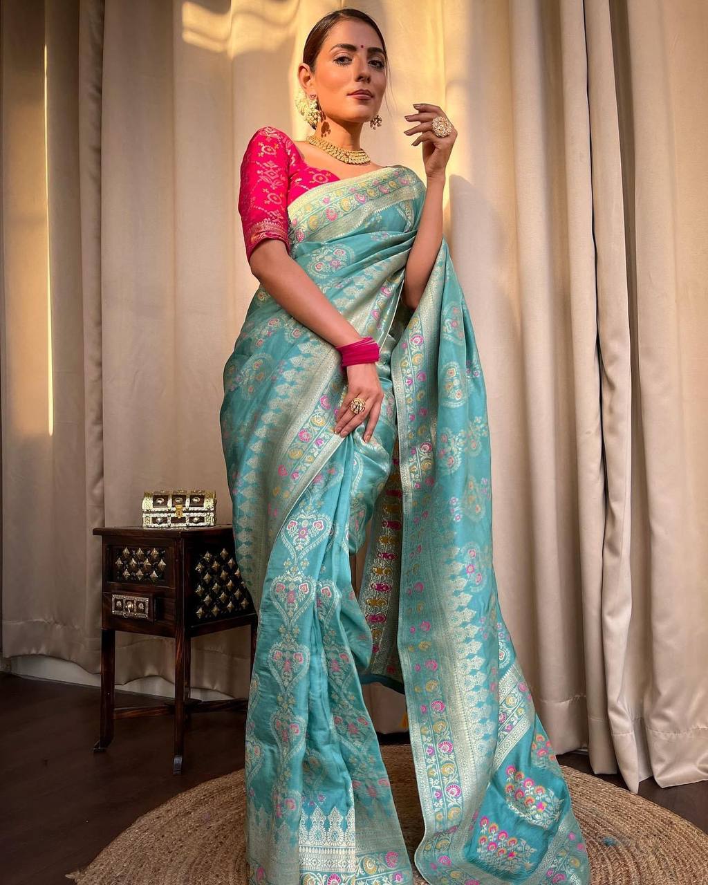 Pure Banarasi Copper Zari Weaving, Banarasi Soft Silk Turquoise Green Saree Colorful Saree