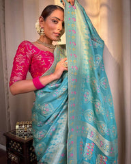 Pure Banarasi Copper Zari Weaving, Banarasi Soft Silk Turquoise Green Saree Colorful Saree