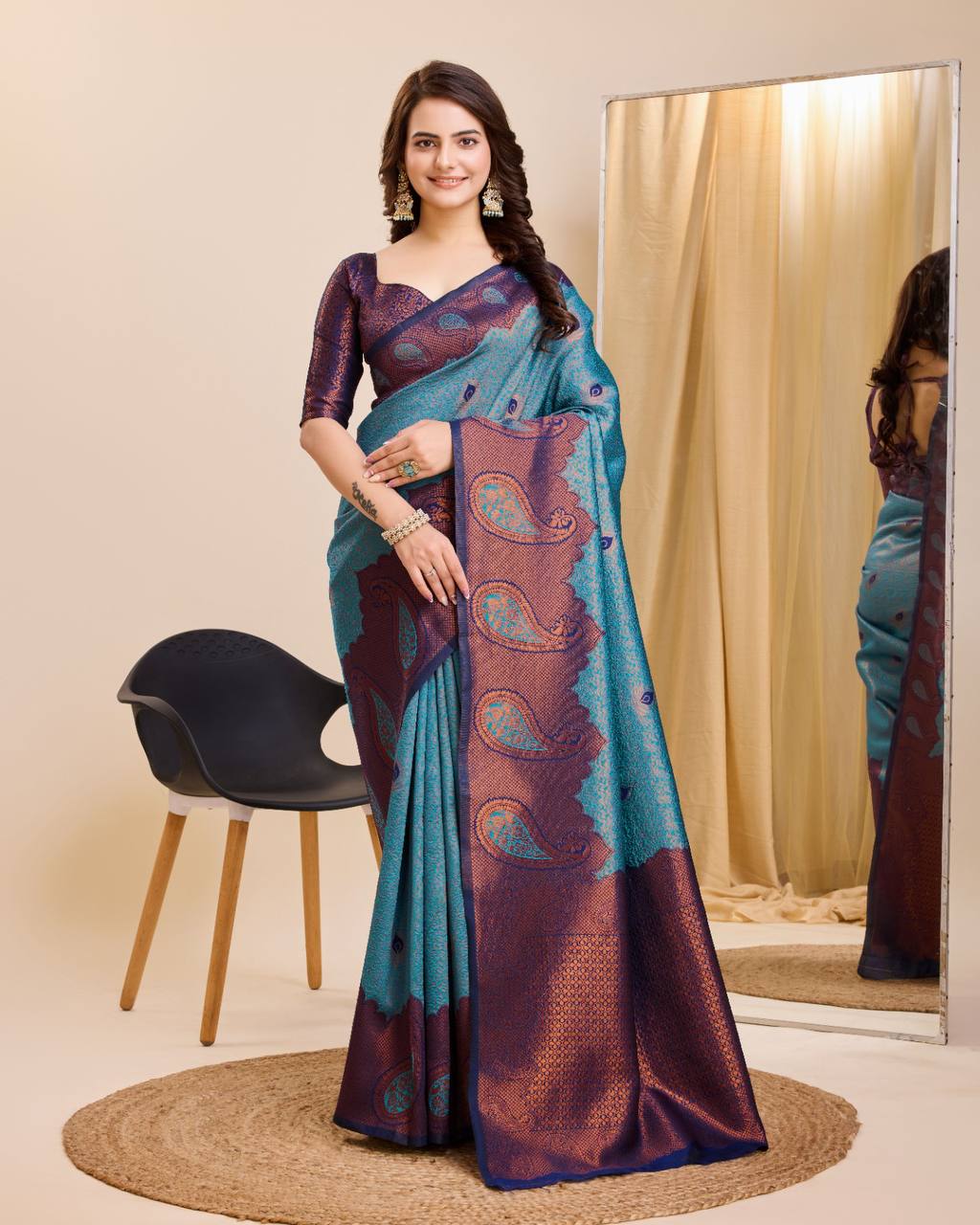 Luxury Kanjeevaram Silk Sky Blue Saree with Contrasting Zari Work Colorful Saree