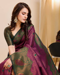 Luxury Kanjeevaram Silk Wine Saree with Contrasting Zari Work Colorful Saree