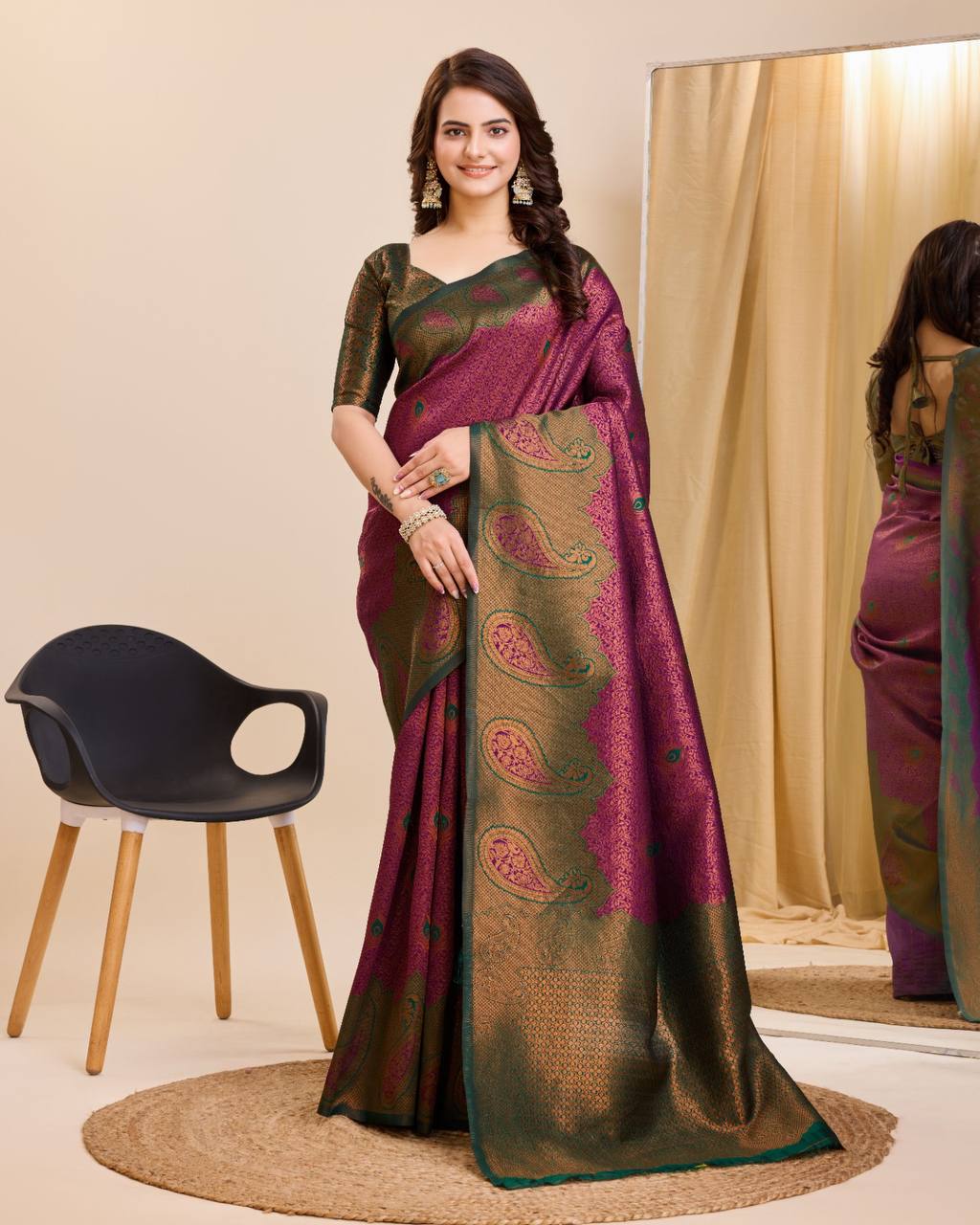 Luxury Kanjeevaram Silk Wine Saree with Contrasting Zari Work Colorful Saree