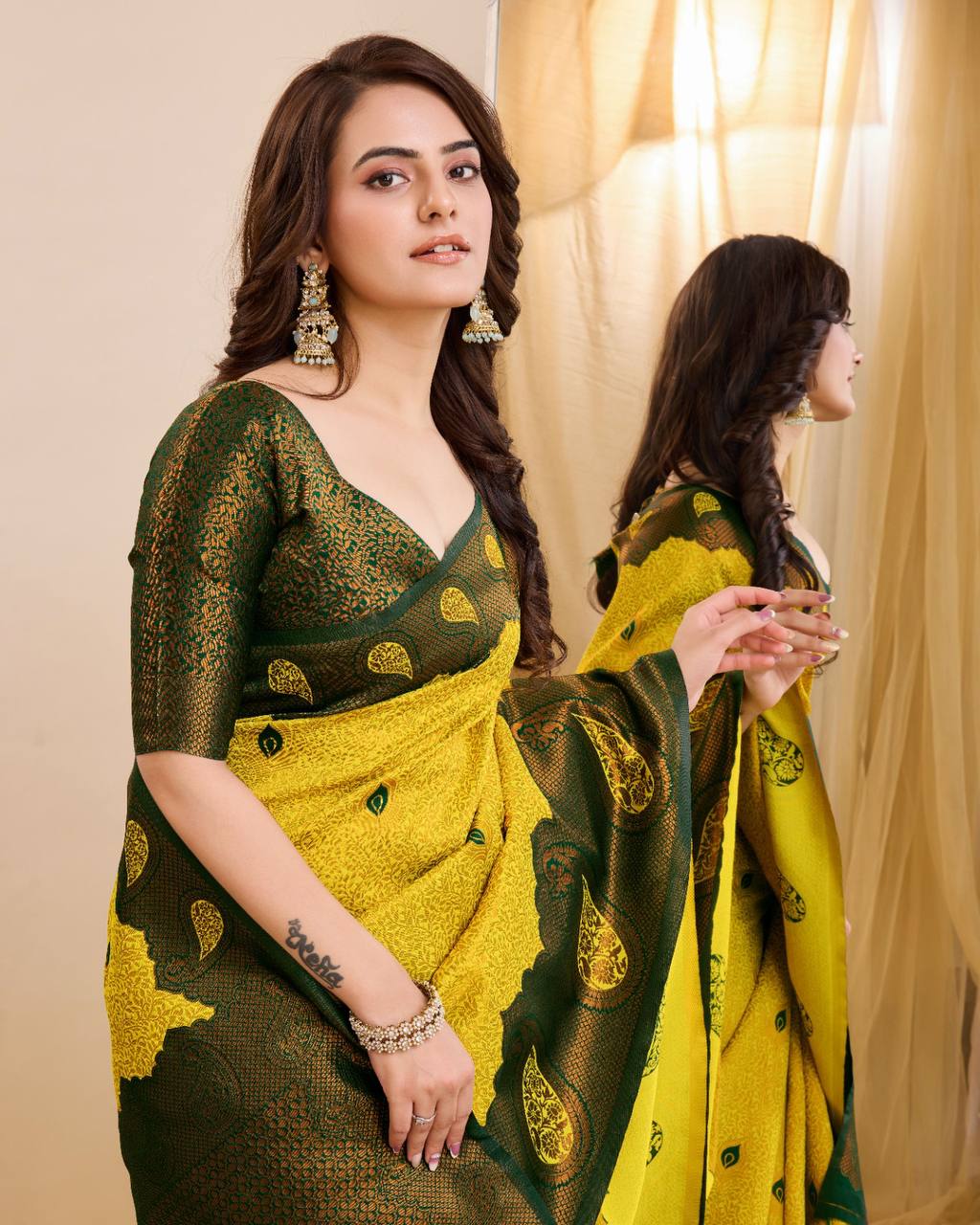 Luxury Kanjeevaram Silk Yellow Saree with Contrasting Zari Work Colorful Saree