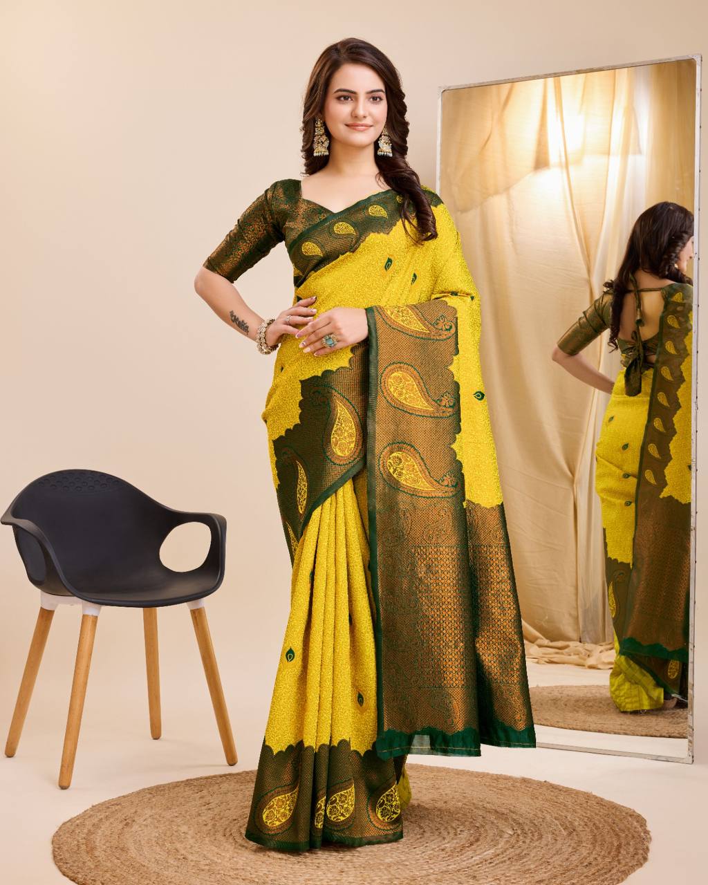 Luxury Kanjeevaram Silk Yellow Saree with Contrasting Zari Work Colorful Saree