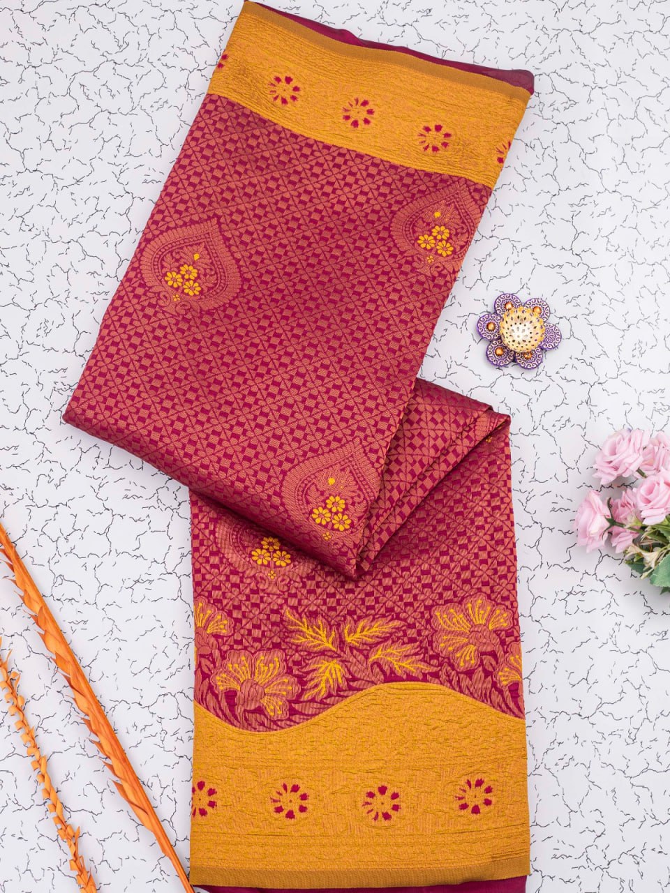 Maroon Banarasi Soft Silk Saree with Exquisite Copper Zari Weaving Colorful Saree