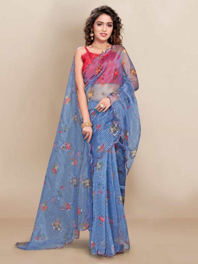 Mesmerizing Sequenced Soft Organza Blue Saree with Digital Print Colorful Saree