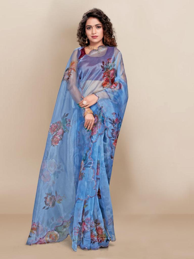 Mesmerizing Sequenced Soft Organza Navy Blue Saree with Digital Print Colorful Saree