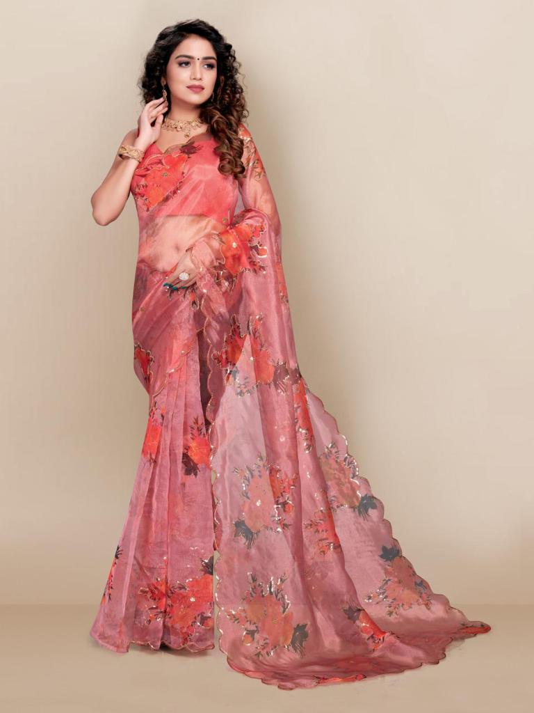 Mesmerizing Sequenced Soft Organza Pink Saree with Digital Print Colorful Saree