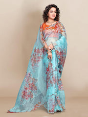 Mesmerizing Sequenced Soft Organza Sky Blue Saree with Digital Print Colorful Saree