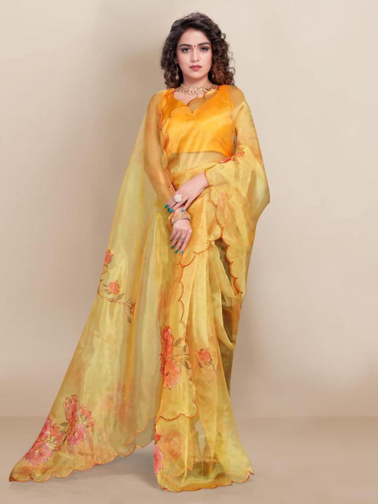 Mesmerizing Sequenced Soft Organza Yellow Saree with Digital Print Colorful Saree