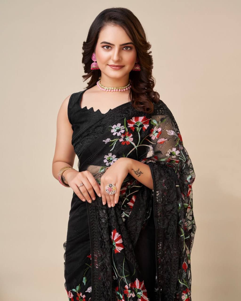 Multicolor Chikankari Embroidered Soft Net Black Saree with Mono Banglory Blouse Colorful Saree