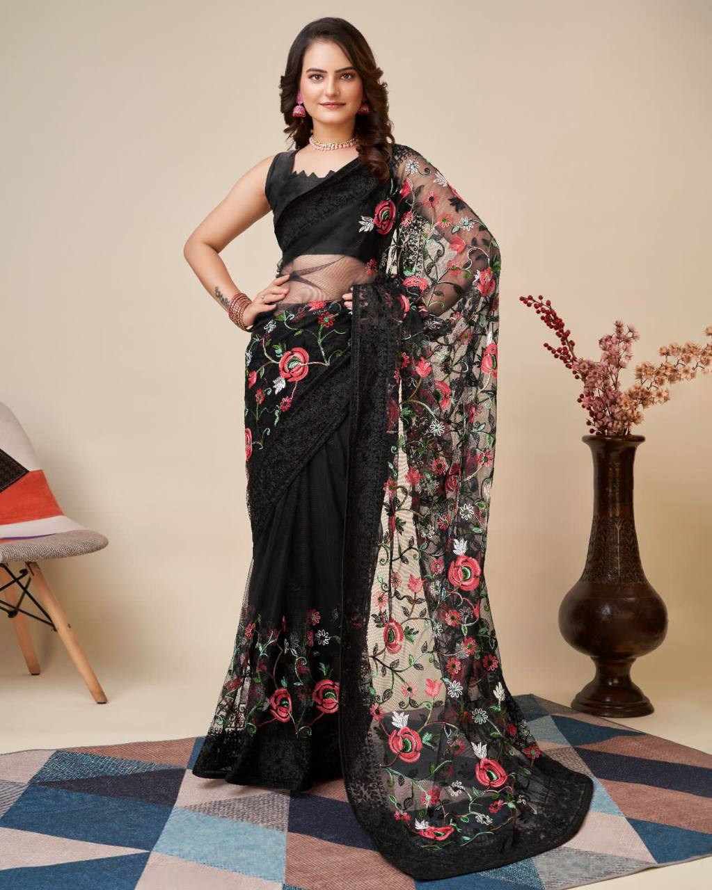 Multicolor Chikankari Embroidered Soft Net Black Saree with Mono Banglory Blouse Colorful Saree