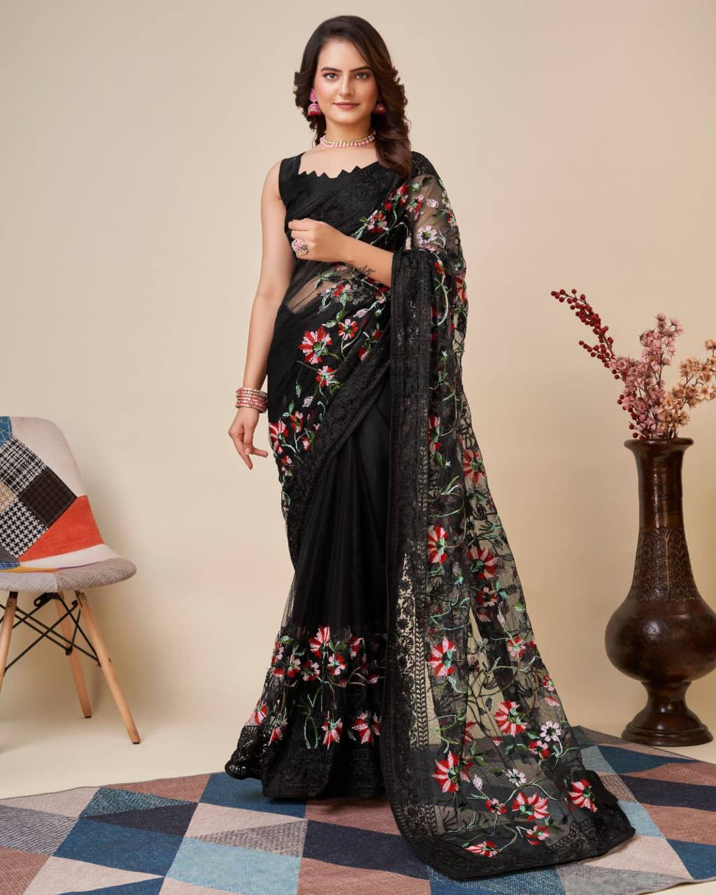 Multicolor Chikankari Embroidered Soft Net Black Saree with Mono Banglory Blouse Colorful Saree