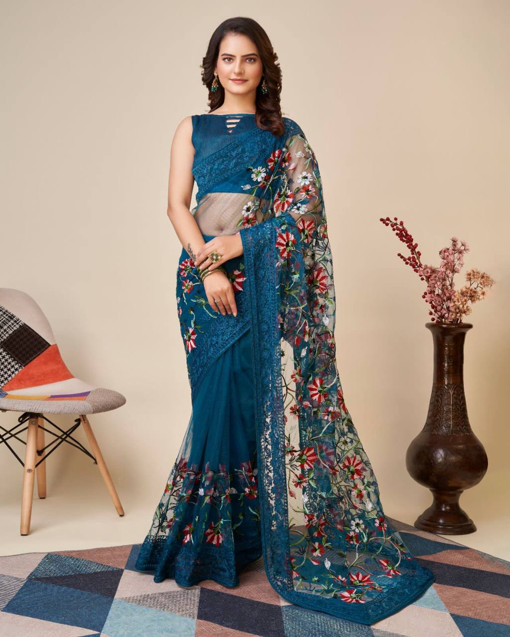 Multicolor Chikankari Embroidered Soft Net Blue Saree with Mono Banglory Blouse Colorful Saree