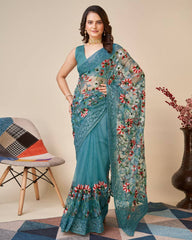 Multicolor Chikankari Embroidered Soft Net Firoji Color Saree with Mono Banglory Blouse Colorful Saree