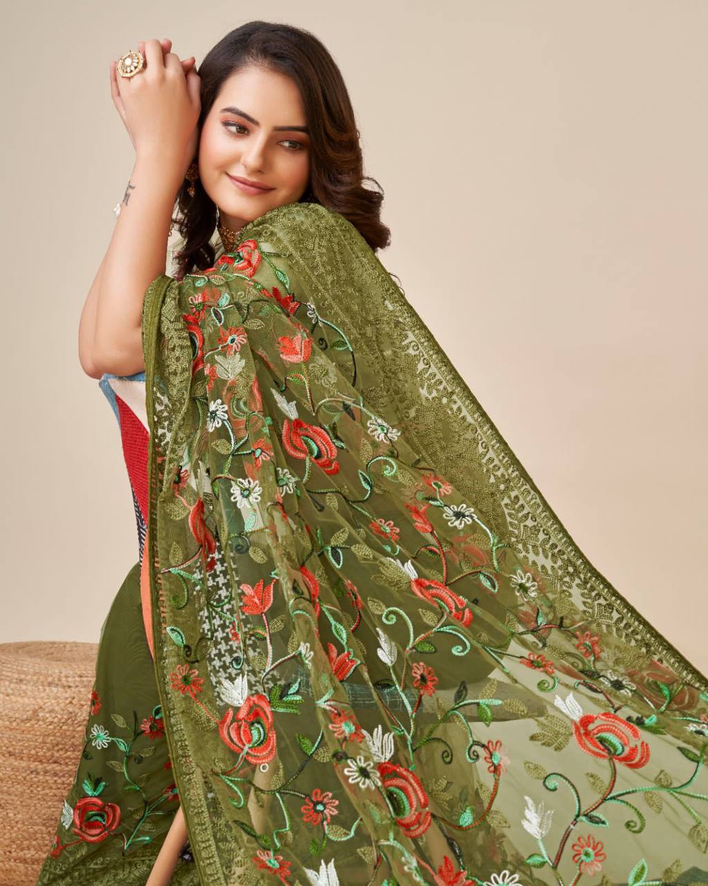 Multicolor Chikankari Embroidered Soft Net Mehndi Green Saree with Mono Banglory Blouse Colorful Saree